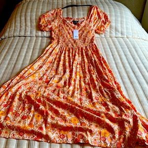 LTS Long Tall Sally Orange Floral Shirred Dress MIDI